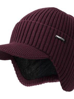 Unisex Marron Lined Knit Beanie With Brim Ear Flaps Winter Classic Stocking Cap